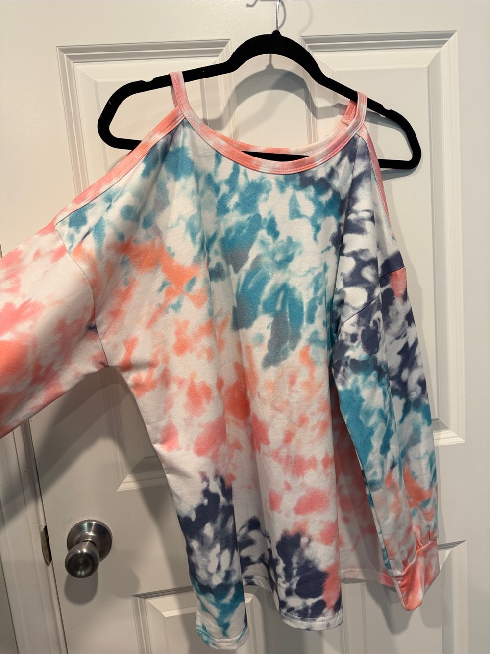Women's Cold-Shoulder Tie-Dye Pullover Sweatshirt in Coral, Teal & Navy